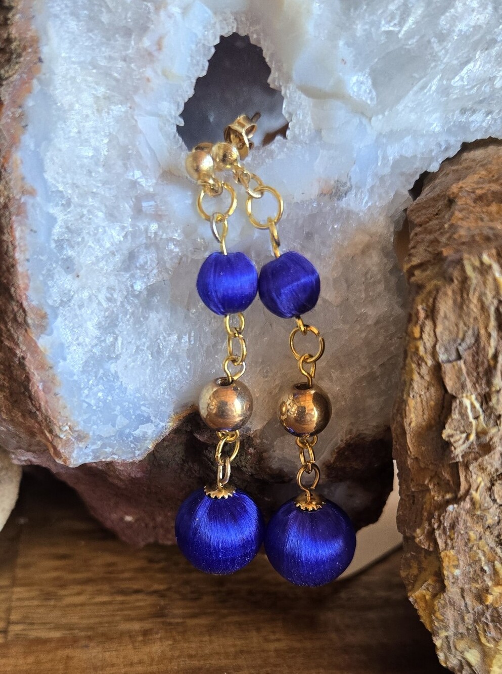 One-of-a-Kind Vintage Cobalt Blue Thread Wrapped Bead Dangle Earrings | Upcycled